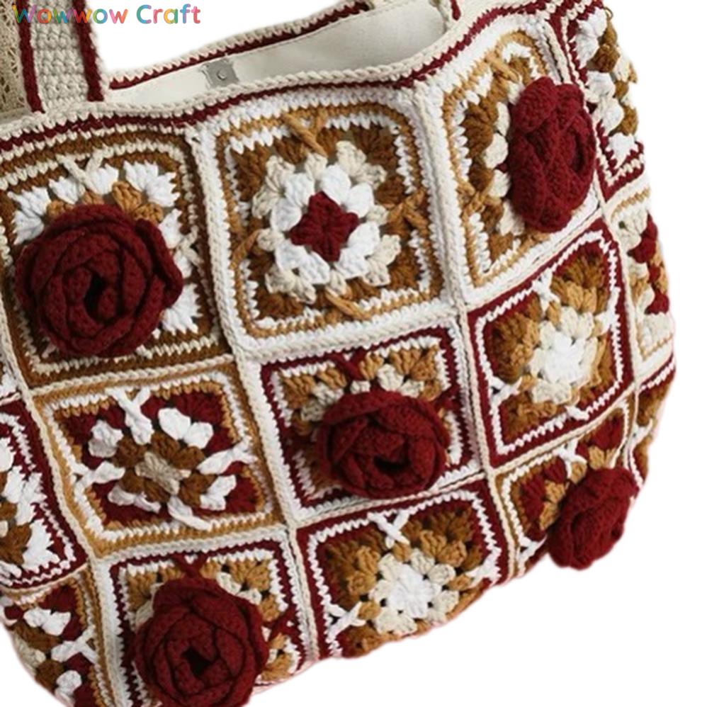 Shoulder Bags,Totes,Handmade Crochet Bags,Burgundy Flowers Embroidery Granny Square Tote crocheted with Snow Fairy Yarn - High quality handmade crocheted shoulder bag
